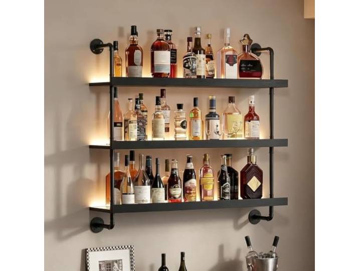 Alkmla Holz Weinregal Wand, 3-lagig Hängendes Weinflaschenregal，Black：140cm schwarzes Industrie-Weinregal, Für Weinflaschen und Barzubehör, Küche, Esszimmer, Hausbar, Café und Restaurant