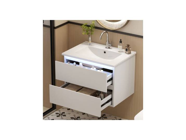 Meuble vasque mural 61 cm avec vasque 2 tiroirs et éclairage LED à détecteur en MDF et céramique blanc