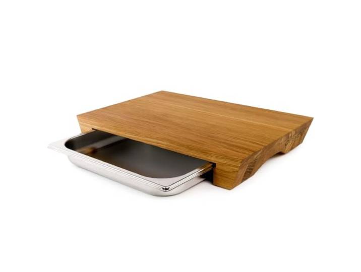 cleenbo® Schneidebrett mit Auffangschale Style Oak Profi Holz Küchenbrett aus geölter Eiche, Großes Schneidbrett mit Auffangbehälter, Holzschneidebrett mit Edelstahl Behälter