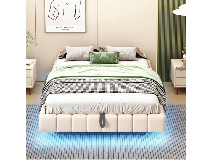 ROVRYN Lit coffre rembourré 140x200 cm beige LED sommier relevable hydraulique sans tête de lit