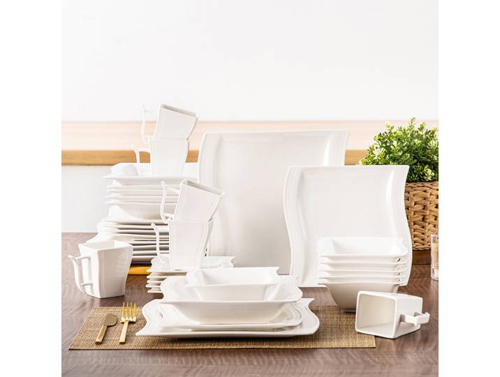 Service de table en porcelaine blanche MALACASA 36 pièces, ensemble de vaisselle en céramique Flora avec 6 assiettes plates/dessert/soupe/bol/soucoupe/tasse