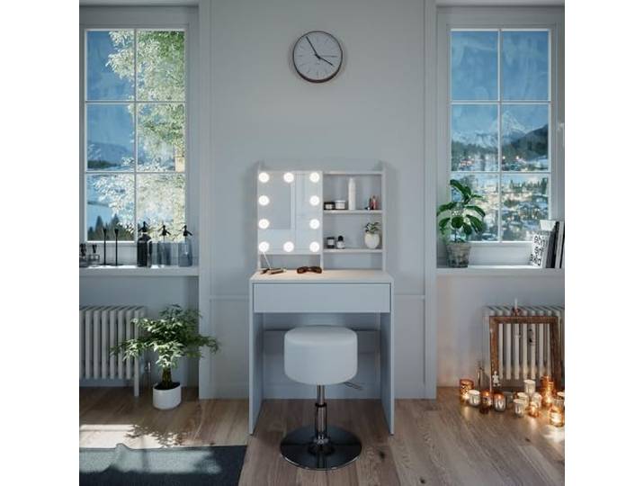 Vicco Schminktisch Laura, Weiß 70 cm Spiegel mit LED-Lichterkette · Hocker · 1 Schublade · Freistehend · Offene Ablagefächer
