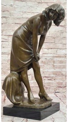 Bronzhaus Elegant Bronze Sculpture Of Woman Adjusting Dress – Graceful Figurine On Marble Base