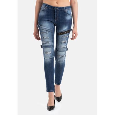 Slim-fit-Jeans CIPO & BAXX "DENIM", Damen, Gr. 28, Länge 34, blau, 98% Baumwolle, 2% Elasthan, unifarben, slim fit lang, Jeans Slim-fit-Jeans, im coolen Biker-Look in Skinny Fit, WD383