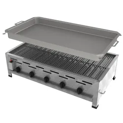 ChattenGlut Professional Gastrobräter, 5 Brenner, 18 kW, verchromter Stahlrost und Stahlpfanne, Gewerberegler + SBS, 980 x 530 x 270 mm, Tischgerät
