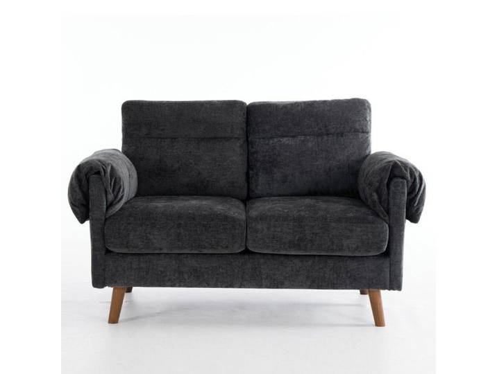 Canapé Fixe 2 Places Chenille Noir Style Milieu Siècle Coussins Doux Pieds Imitation Bois Compact Salon Studio 124x70x85cm