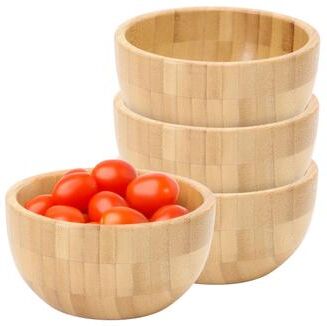 MegaChef 4 Piece 4.75 Inch Small Bamboo Wood Serving Bowl Set For Salads, Snacks, and More