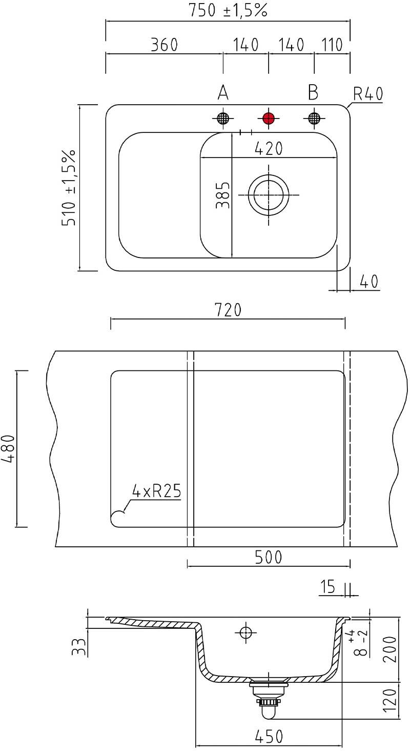 Systemceram Keradomo Juna 75 Einbauspüle rechts mit Excenterbetätigung, Küchenspülen, 501202-20, satin - B: 75 T: 51 H: 20 cm - satin