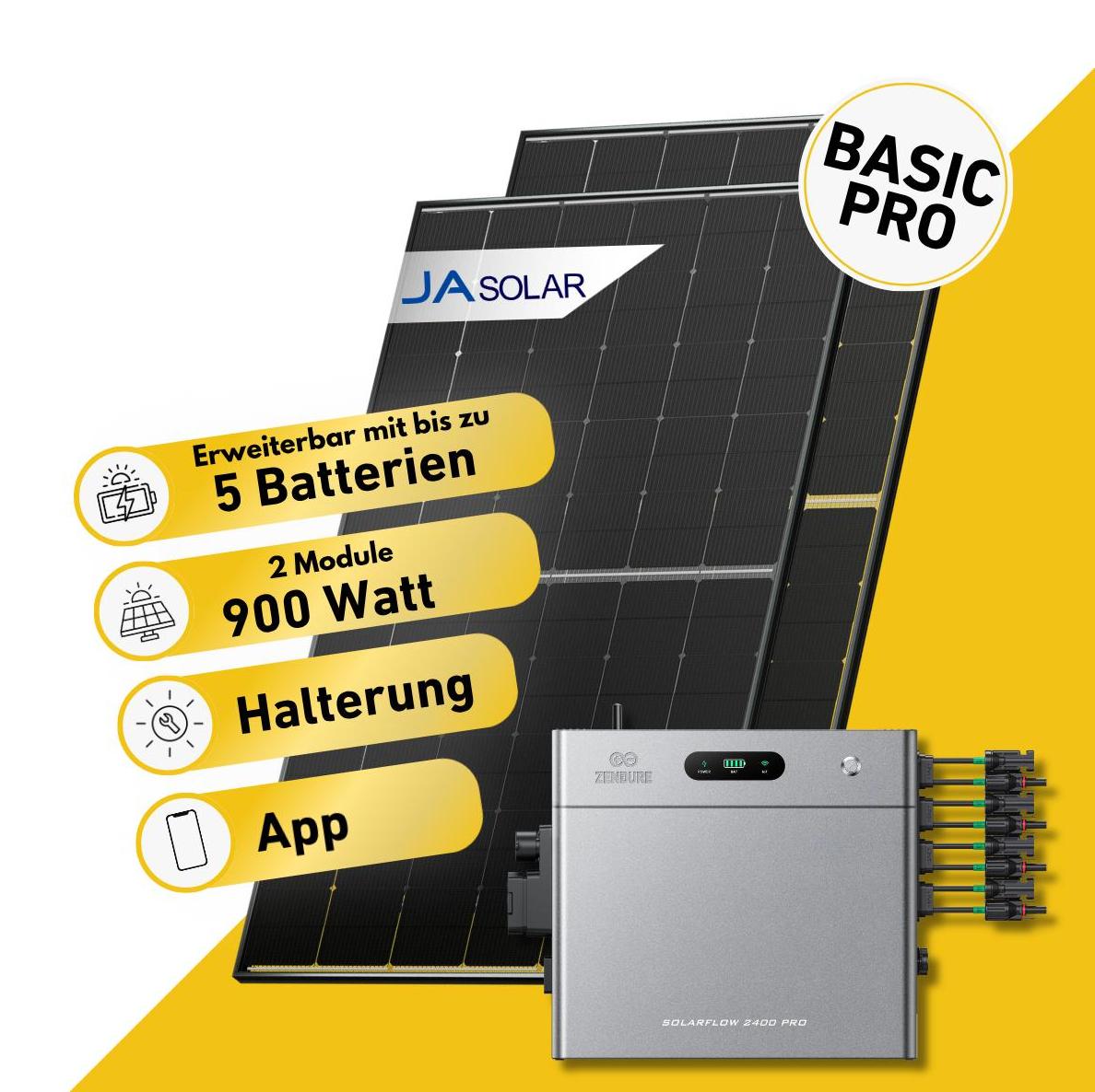 Balkonstrom Balkonkraftwerk 910W Solaranlage mit Speicher | Garten/Flachdachhalterung | 2xSolarmodul Bifazial | Zendure SolarFlow 2400 Pro