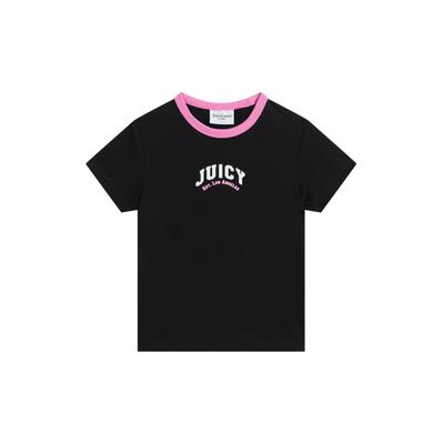 T-Shirt JUICY COUTURE "COLLEGIATE SPORTS RINGER TSHIRT. Damen", Damen, Gr. S, schwarz, Jersey, 95% Baumwolle, 5% Elasthan, normal taillenlang, Rundhals, Shirts T-Shirt, T-Shirt Damen, Schriftzug, Sportshirt, Logoprint, Trikot, Sale