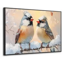LEINWAND Bilder mit Rahmen - Vögel - Zweig - Winter - Schnee - 90x60