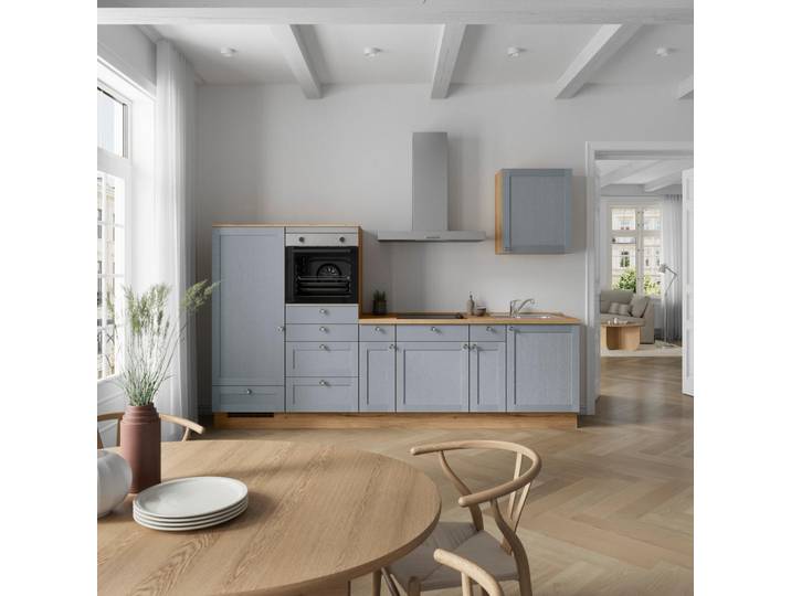 Nobilia Küchenleerblock Frame, Eiche, Blaugrau, 8 Schublade(n) Schubladen, nur wie online abgebildet bestellbar, 300 cm, Pefc, Goldenes M, Made in Germany, DGM-Klimapakt, seitenverkehrt erhältlich, vormontierter Korpus, Küchen, Küchenzeilen & Küchenblöcke, Küchenzeilen ohne Geräte