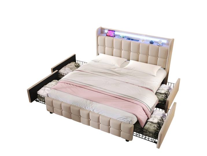 Polsterbett 160x200 cm, Beige, USB-Ladefunktion, LED-Beleuchtung, Mode, 160x200 cm, Schlafzimmer, Betten, Polsterbetten