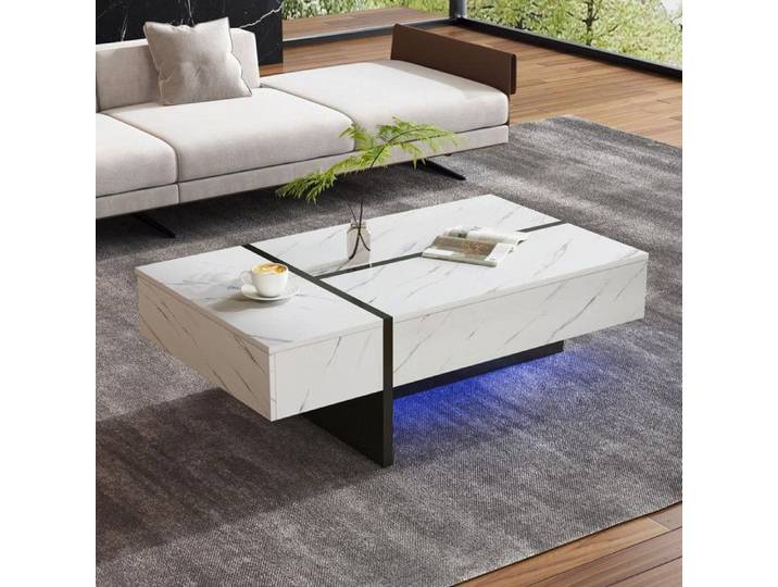 Table basse moderne blanche avec éclairage LED motif marbré plateau brillant -Design irrégulier Table basse buffet pour salon