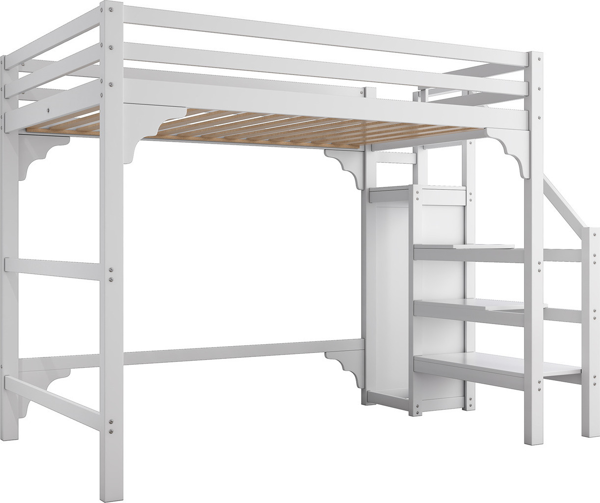 Hochbett mit Lattenrost,kinderbett(140*200cm,Weiß)mit Stufentreppe, mit Kleiderschrank, Jugendbett, Stauraum.