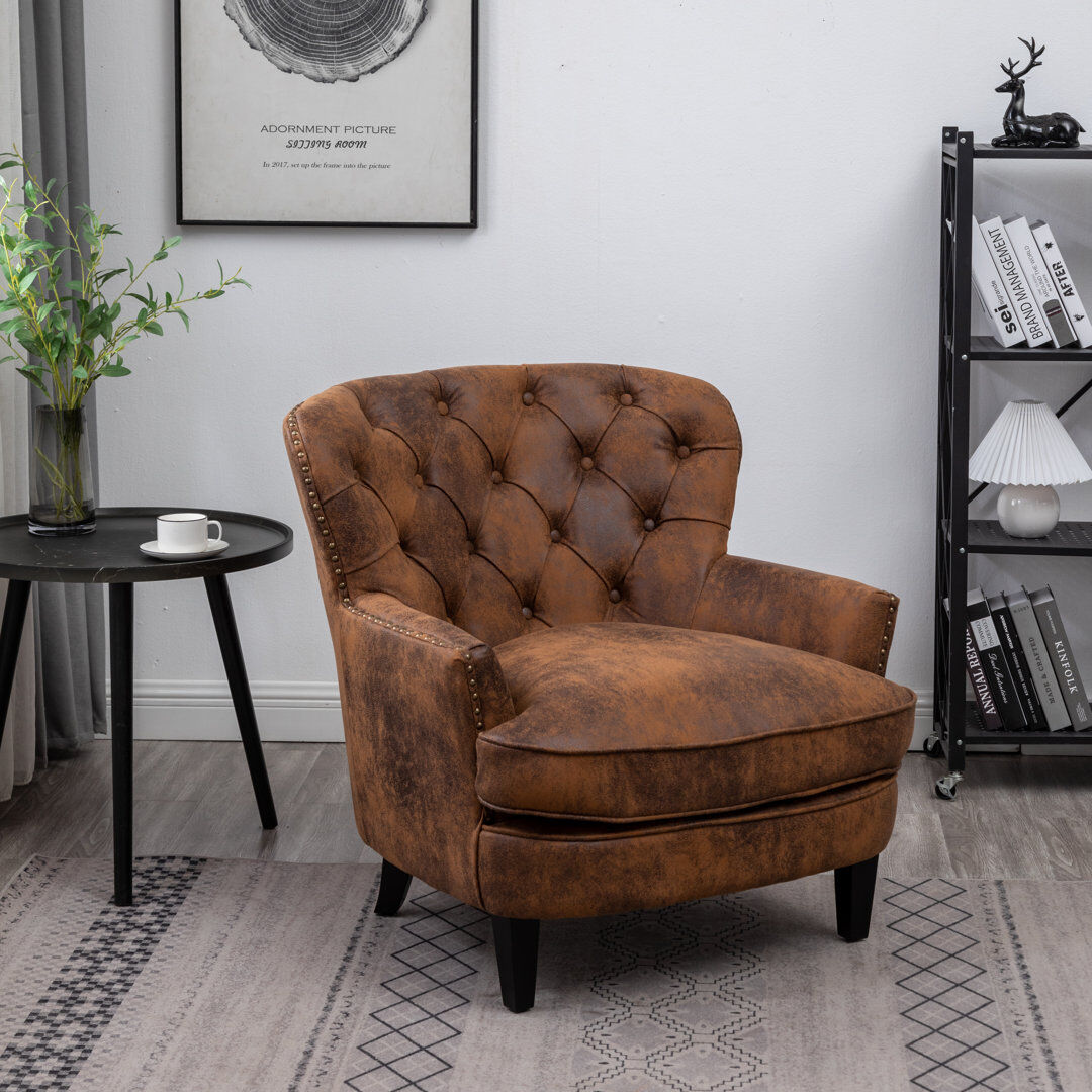 Rio Calum Faux Leather Buttoned Accent Wingback Chair Brown 86cm H X 88cm W X 91cm D