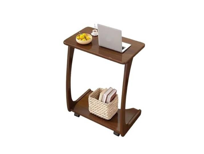 Ayztantine Sofatisch mit Rollen C-Form Solid Wood Mobile Side Table with 360 Degree Wheels