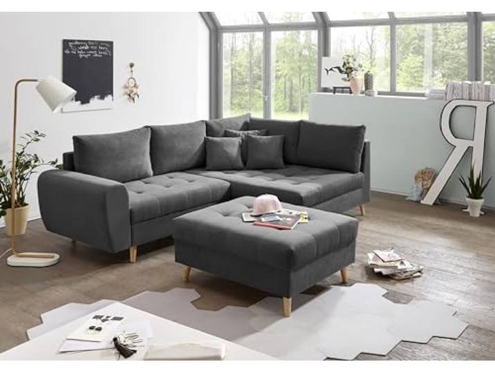 ALICE Ecksofa mit Hocker, Stoffbezug Anthrazit - Moderne Eckcouch mit Kissen & Massivholz Füßen - 249 x 94 x 175 cm (B/H/T)