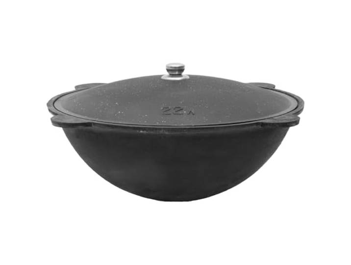 FlameFusion Kazan Topf aus Gusseisen mit Deckel, für Utschak geeignet, Outdoorküche Gulasch Kanone Kasan (22 Liter - runder Boden)