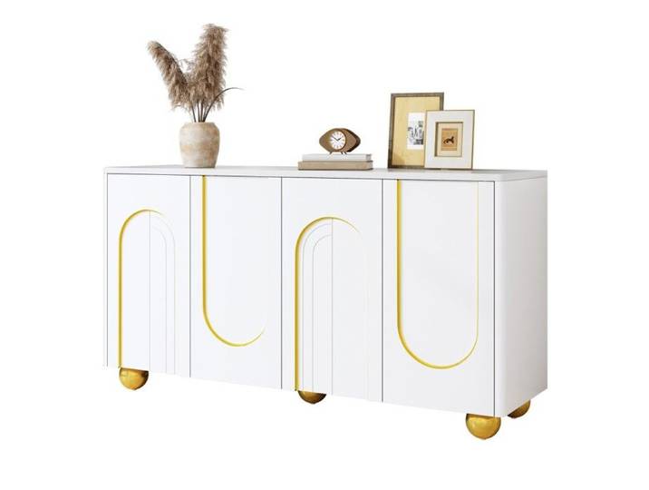 Buffet Blanc 140x40x74cm Quatre Portes Décor Lignes Dorées Arquées Pieds Métal Boule Rangement Salon Salle À Manger Couloir