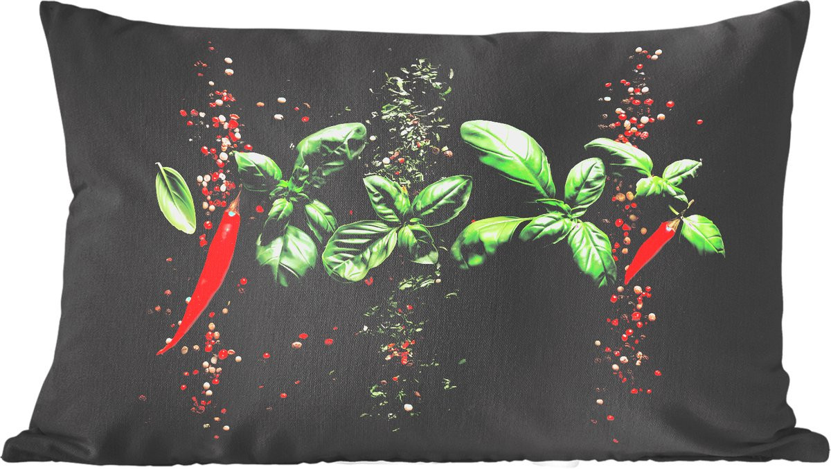 PillowMonkey Sierkussen voor de woonkamer met chilipepers, basilicum en blaadjes - Rood - 50 x 30 cm