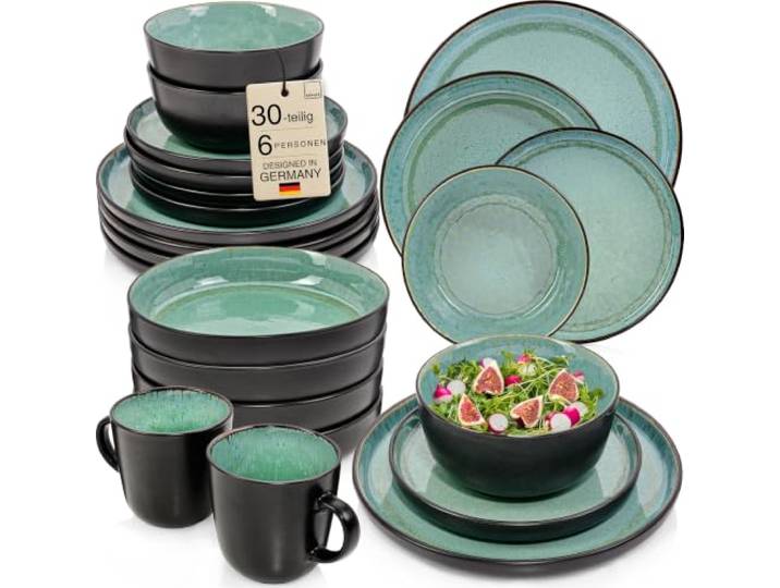SÄNGER Fiji Steingut Geschirrset 6 Personen, Teller Set 30-tlg Grün Handmade Geschirr Set, Kombiservice: Teller, Kaffeebecher, Müslischalen & Pastateller, spülmaschinen- & mikrowellengeeignet