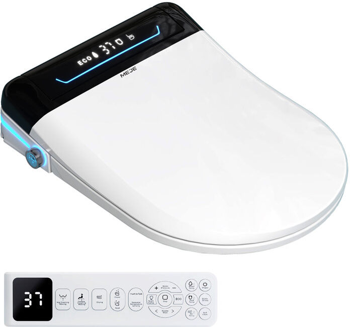 MEJE Automatic Electric Smart Bidet Seat with Remote Control, LED Display, Auto Flush, Open and Close White 22.86cm H X 37.5cm W X 49.5cm D