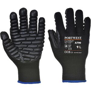 Portwest Arbeitshandschuhe Anti-Vibration, A790BKR, Gummi-Beschichtung, schwarz, Größe 8 / M