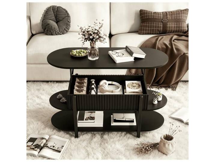 Table Basse à Multiples Espaces de Rangement Table de Salon modern à Plateau Relevable Noire Structure Dorée 106×45×50cm