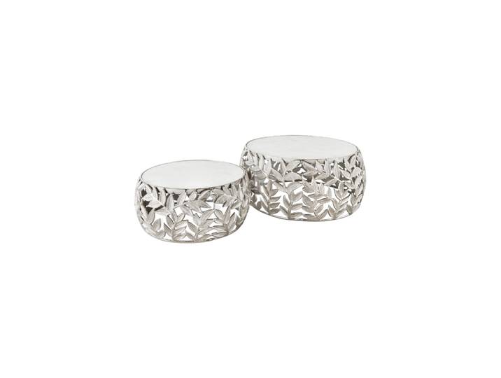 Design Couchtisch Set „Abstract Leaf“ (2 Stück) Silber / Marmorplatte Weiss Invicta Interiors