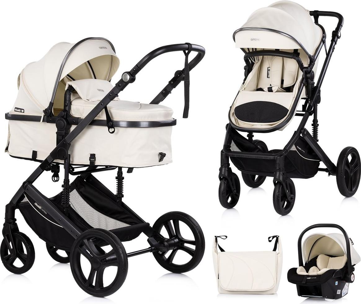 Chipolino Kinderwagen 3 in 1 Amore Babyschale Adapter Wickeltasche Fußabdeckung beige-schwarz