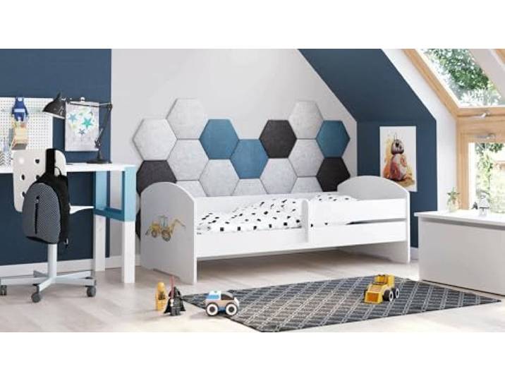 Dmora - Kinderbett Wroclaw, Kinderbett für Schlafzimmer, Einzelbett mit Kommoden, Struktur mit ausziehbarem Bett, 77x144 h56 cm, Weiß mit Bagger