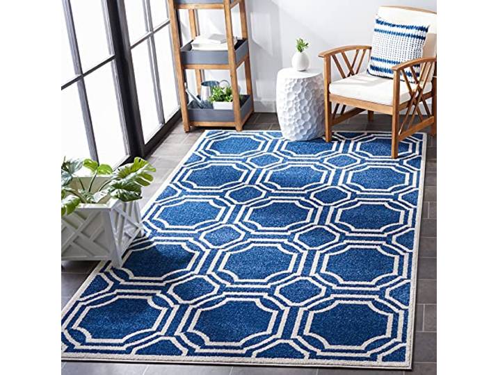 SAFAVIEH Tapis géométrique pour Salon\, Salle à manger\, Chambre à coucher - Amherst Collection\, Tapis à poil court\, Marine et Ivoire\, 122 X 183 cm
