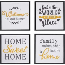4er-Set Wandbild HWC-N96, Wanddekoration Bilderrahmen Sprüche Sweet Home Welcome World Family, Holz Leinwand 30x30cm