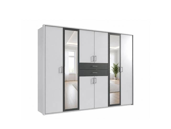 Drehtürenschrank Kleiderschrank 273 cm Passepartout Schubladen Spiegel Ausstattung Weiß und Grafit / 22601