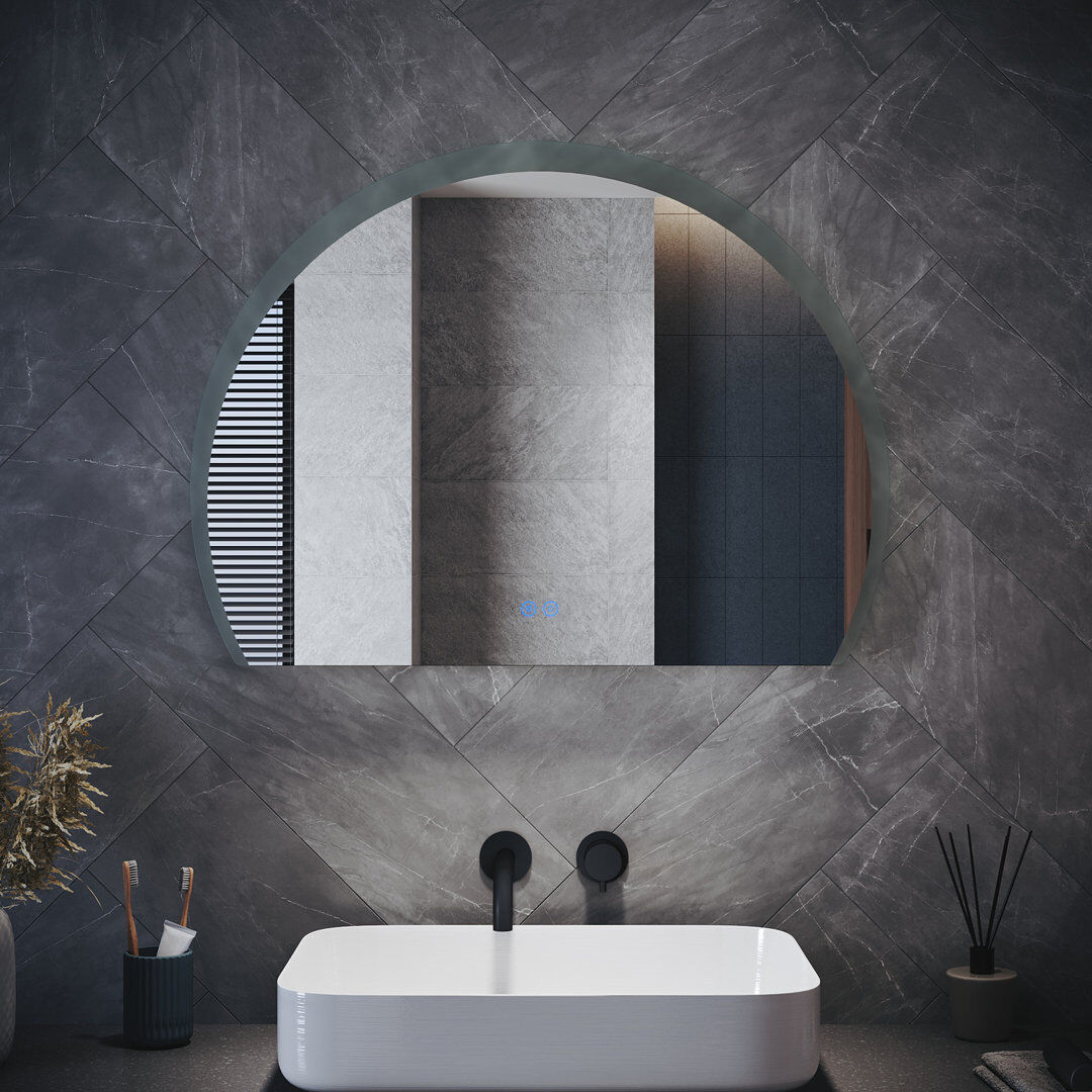 Ivy Bronx Half Circle LED Bathroom Mirror, Anti-Fog 3 Color Dimmable Touch Wall Vanity Mirror Mirrored Interior 80*60cm,Semicircular Bathroom Mirror