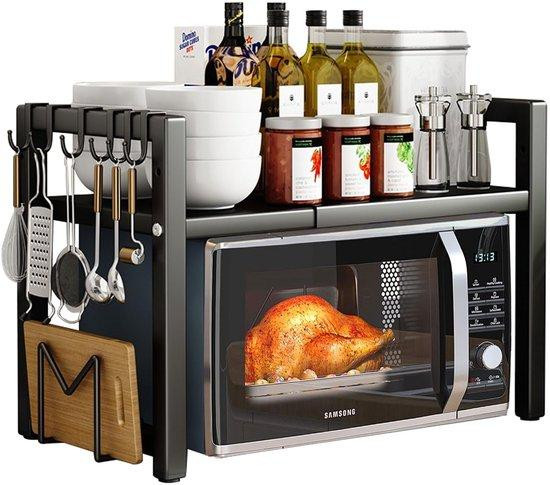 Unyqoos Verstelbaar microgolfovenrek van koolstofstaal met 6 afneembare haken, Breedte: 40-64 cm, Diepte: 32-40 cm