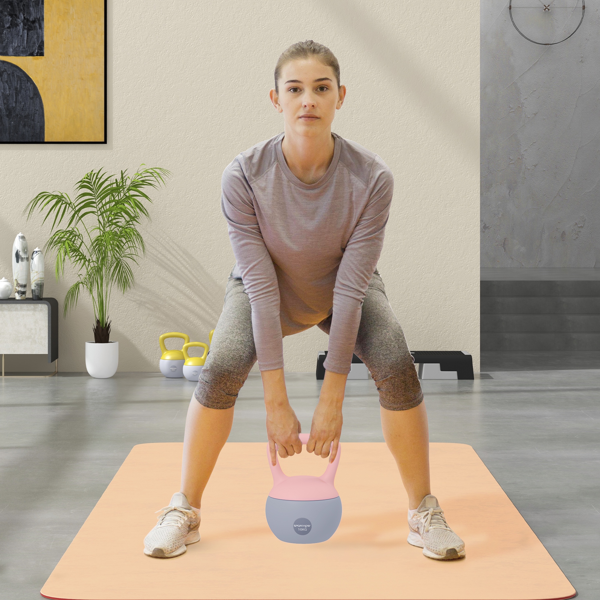 Sportnow Pesa russa 10 kg Kettlebell riempito di sabbia metallica manico antiscivolo per allenarsi a casa 21x21x30cm Rosa pallido e grigio   Aosom Italy