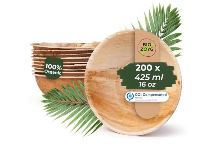 BIOZOYG Palmblatt Geschirr, Schale 200 Stück 425 ml rund - Einweg Suppenteller Salatschale kompostierbar Palmblatt Schale- Einweg Bowl Partygeschirr nachhaltig