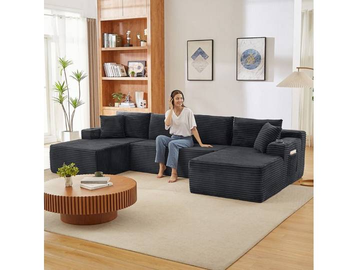 ELVORIN canapé modulable en U 6 places velours côtelé gris foncé sans montage assise profonde