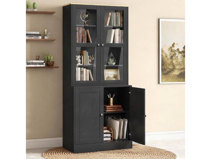Bibliothèque vitrine en MDF noir – rangement 6 niveaux portes verre trempé design contemporain