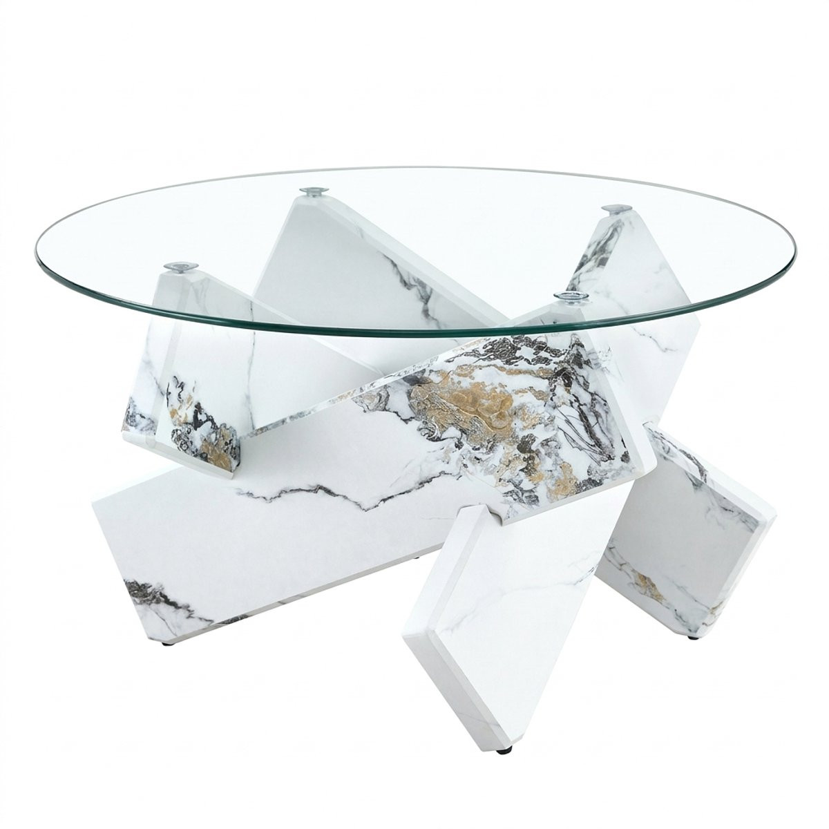 Rolipo Ronde Salontafel met Gehard Glazen Blad en Witte Marmerlook Poten – Diameter: 79 cm