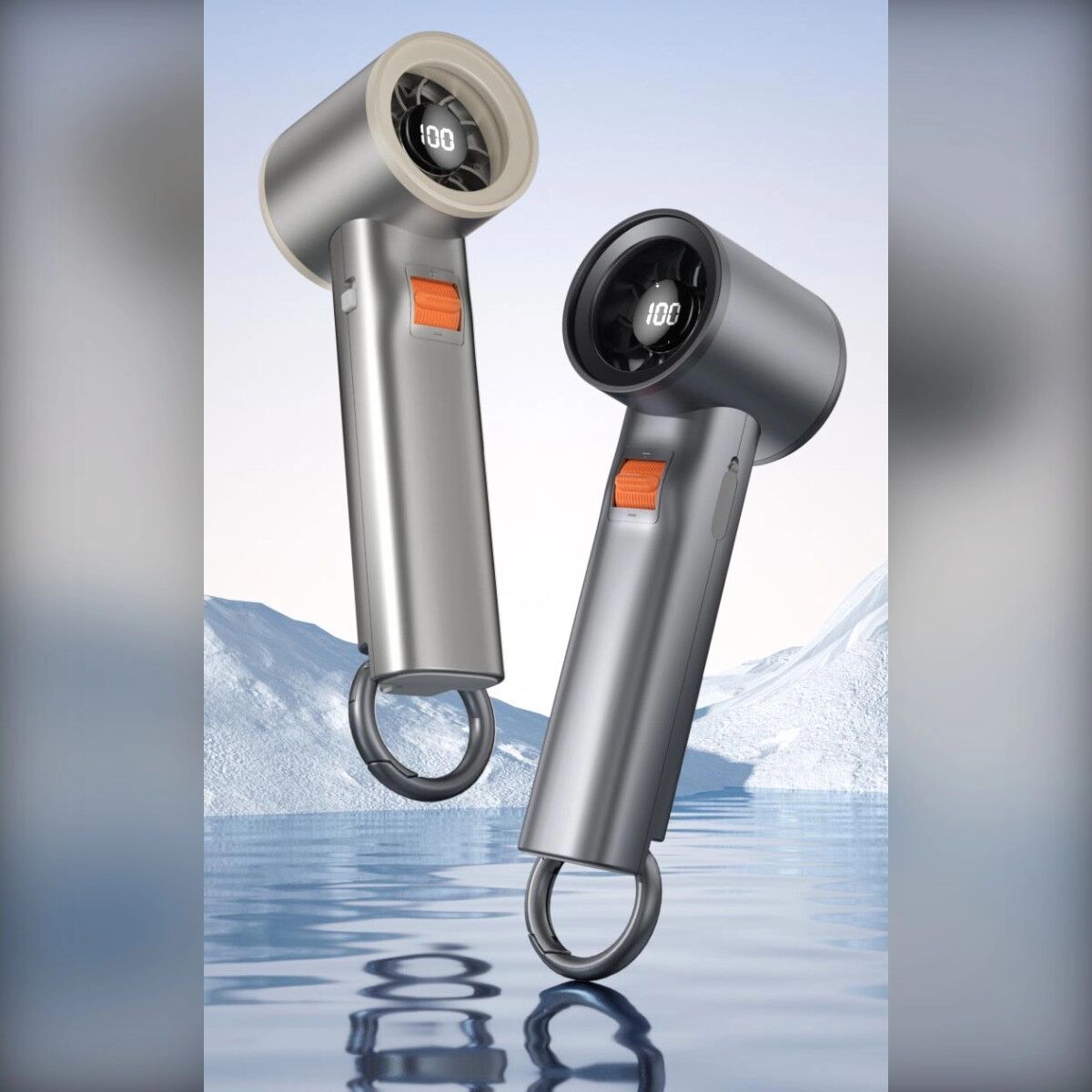 INF Digitalanzeige Turbo-Karabiner-Ventilator — 3000mAh wiederaufladbar, Type-C Schnellladung, 100-stufiger Grau