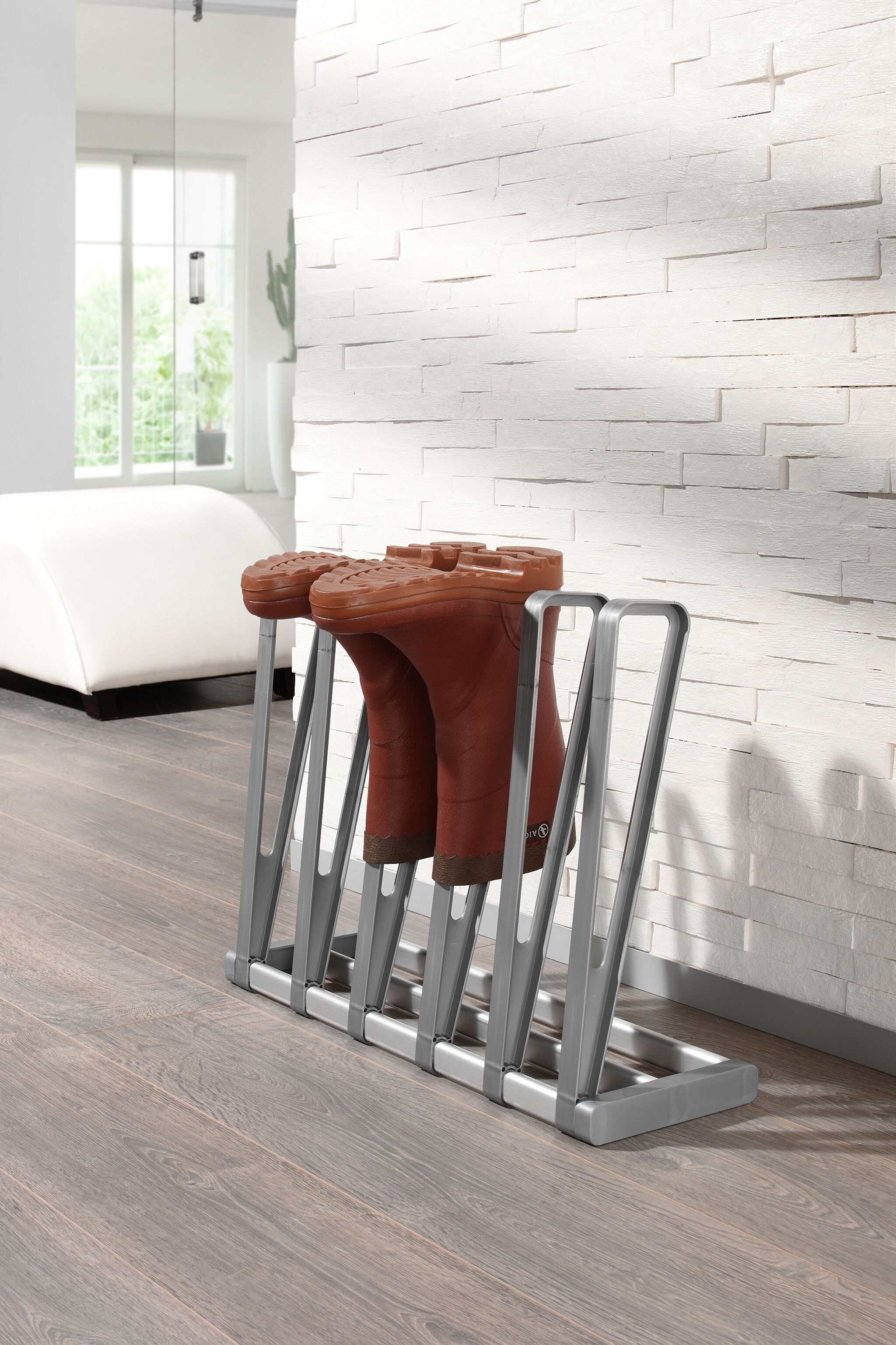 Schuhregal RUCO, silber (aluminiumfarben, silber), B:57cm H:45cm T:19cm, Aluminium, Regale, Schuhregal, Aluminium/Kunststoff, für 3 Paar Stiefel