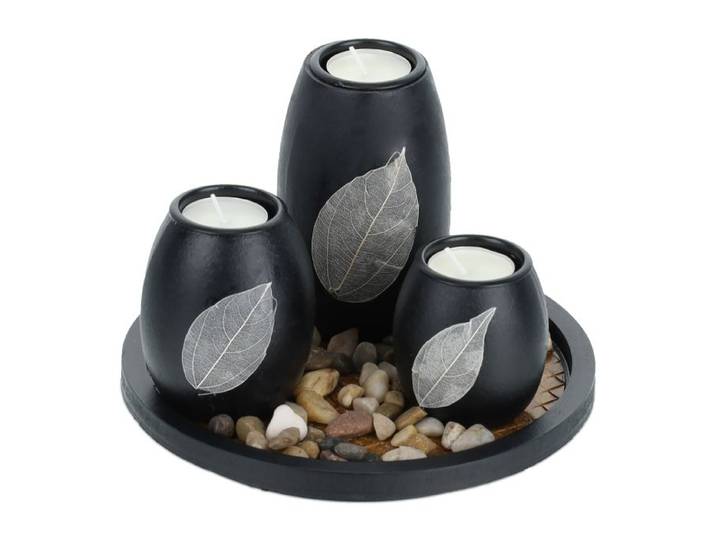 Relaxdays Teelichthalter mit Tablett & Steinen