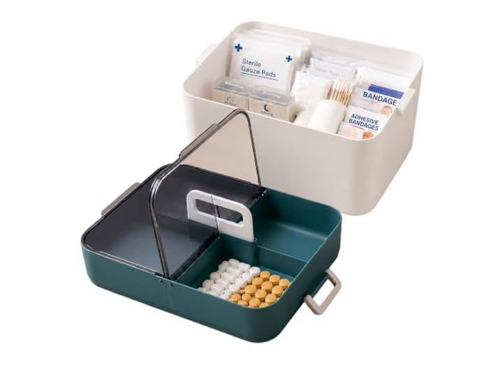 Trousse pharmacie Relaxdays\, 5 compart.\, insert amovible\, blanc/pétrole Boîte de trousse à pharmacie\, en plastique\, dimensions : H x L x P = 18 x 28\,5 x 21 cm