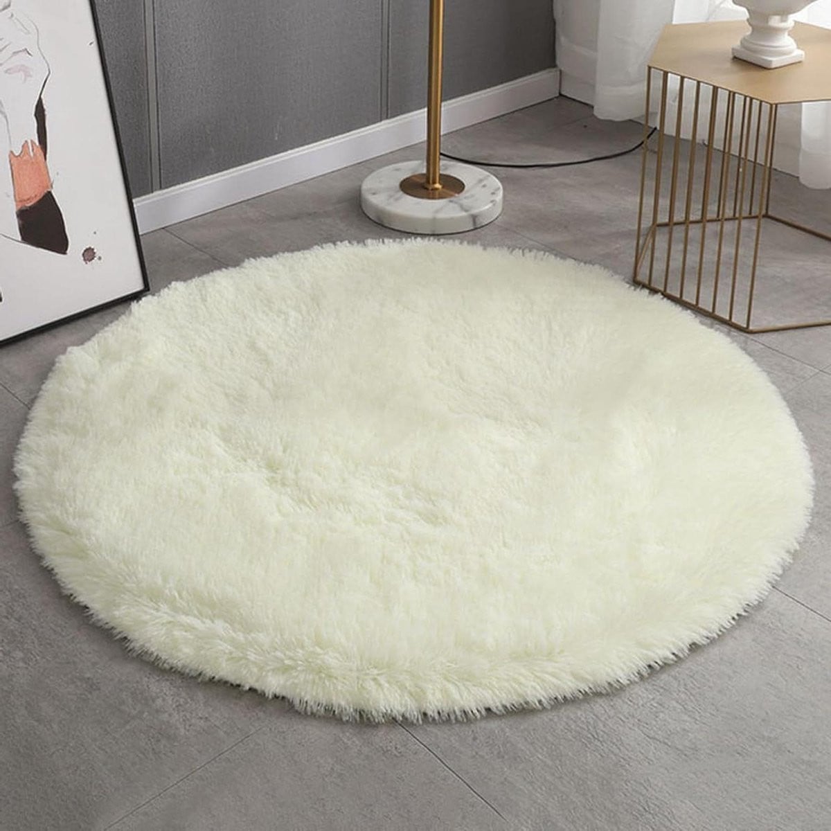 Rond Hoogpolig Vloerkleed Wit met Antislip Bodem