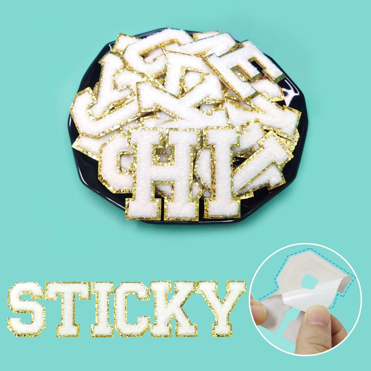 Brief Patches Zelfklevende Applicaties voor Kledingreparatie Gouden Glitter 26 Stuks Puur Wit