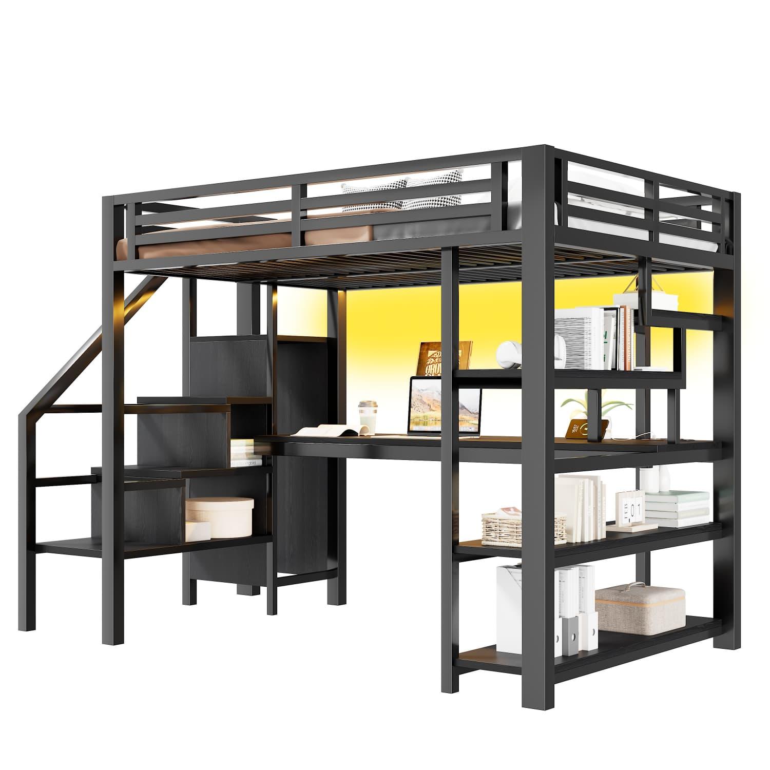 140x200cm Metall-Hochbett mit Treppe, offenem Kleiderschrank, integriertem Schreibtisch, Staufächern, USB-Ladestation und LED-Beleuchtung; schwarz