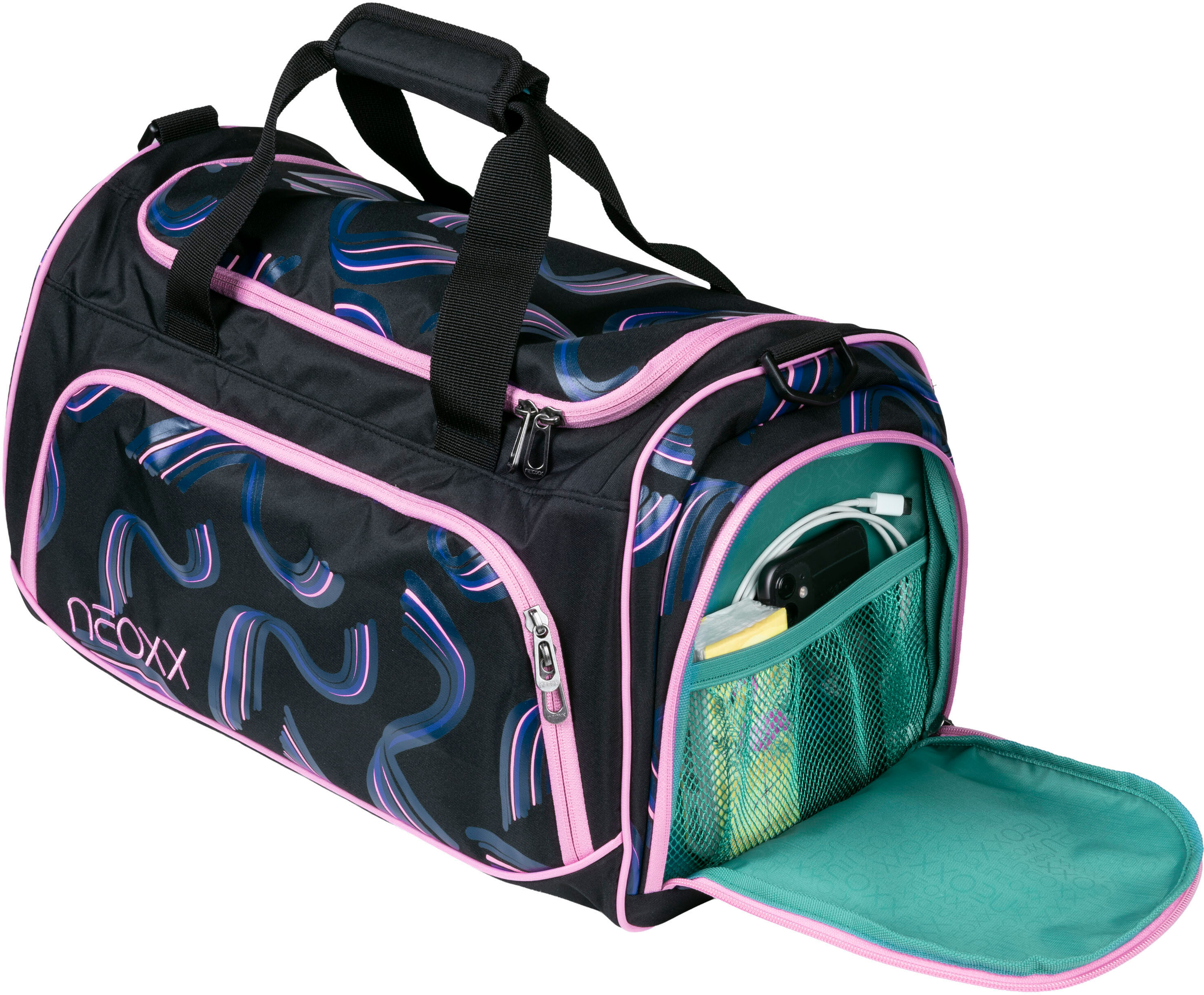 Sporttasche NEOXX "Move", Damen, Gr. B/H/T: 43cm x 26cm x 24cm, schwarz (hello wave), Polyester, Taschen Sporttasche, teilweise aus recyceltem Material hello wave B/H/T: 43cm x 26cm x 24cm
